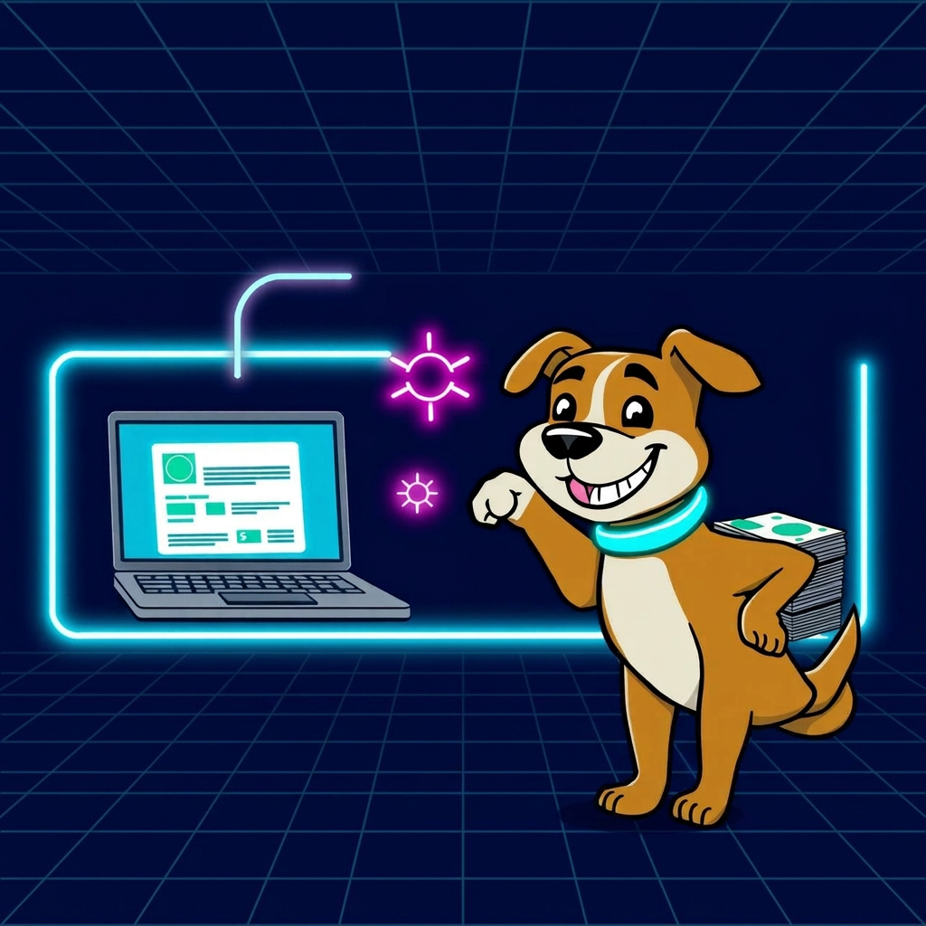 AI Underdog mascot pointing at a 3-step beginner flow: gig listing, AI sparkle, stack of cash