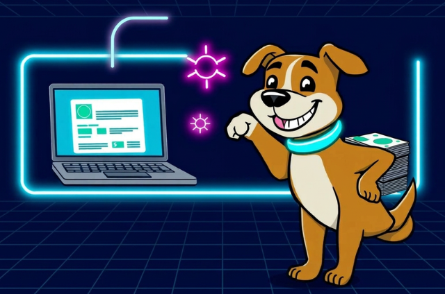 AI Underdog mascot fetching a stack of cash